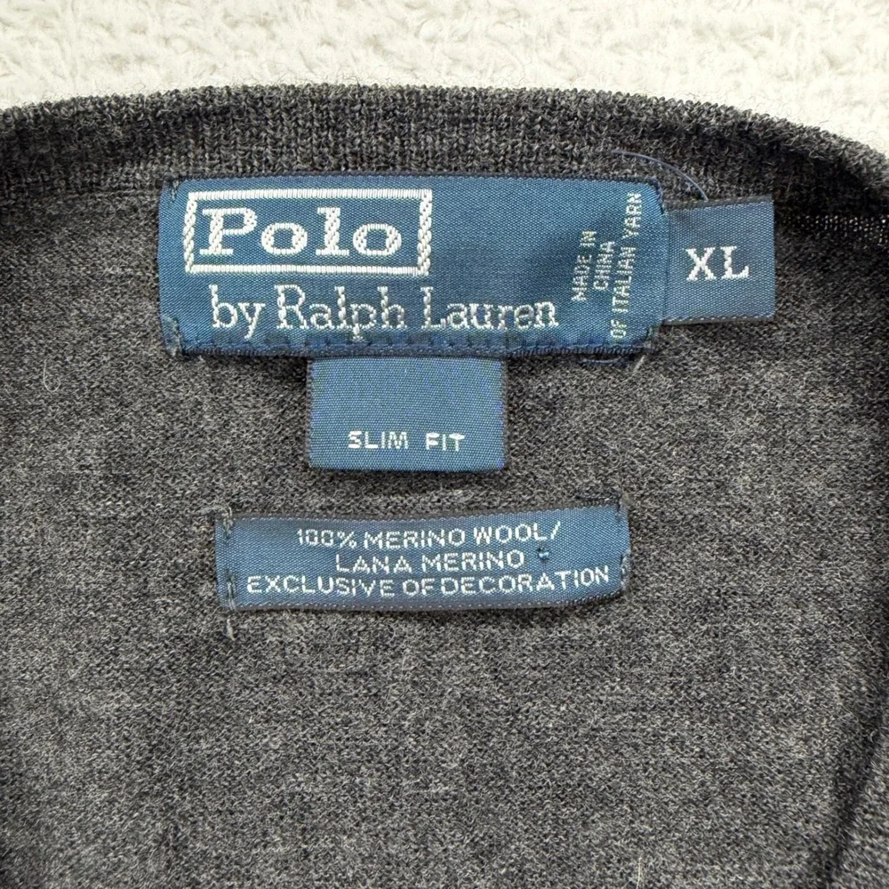 Polo Ralph Lauren Mens V Neck Sweater Dark‎ Gray Merino Wool Slim Fit XL